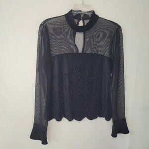 Dressbarn Collection Black Mesh Beaded Mock Neck Keyhole Long Sleeve Top Size 10